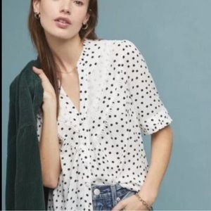 MAEVE by ANTHROPOLOGIE Blouse White Black Polka Dot Button Front Ruffle Lace 8